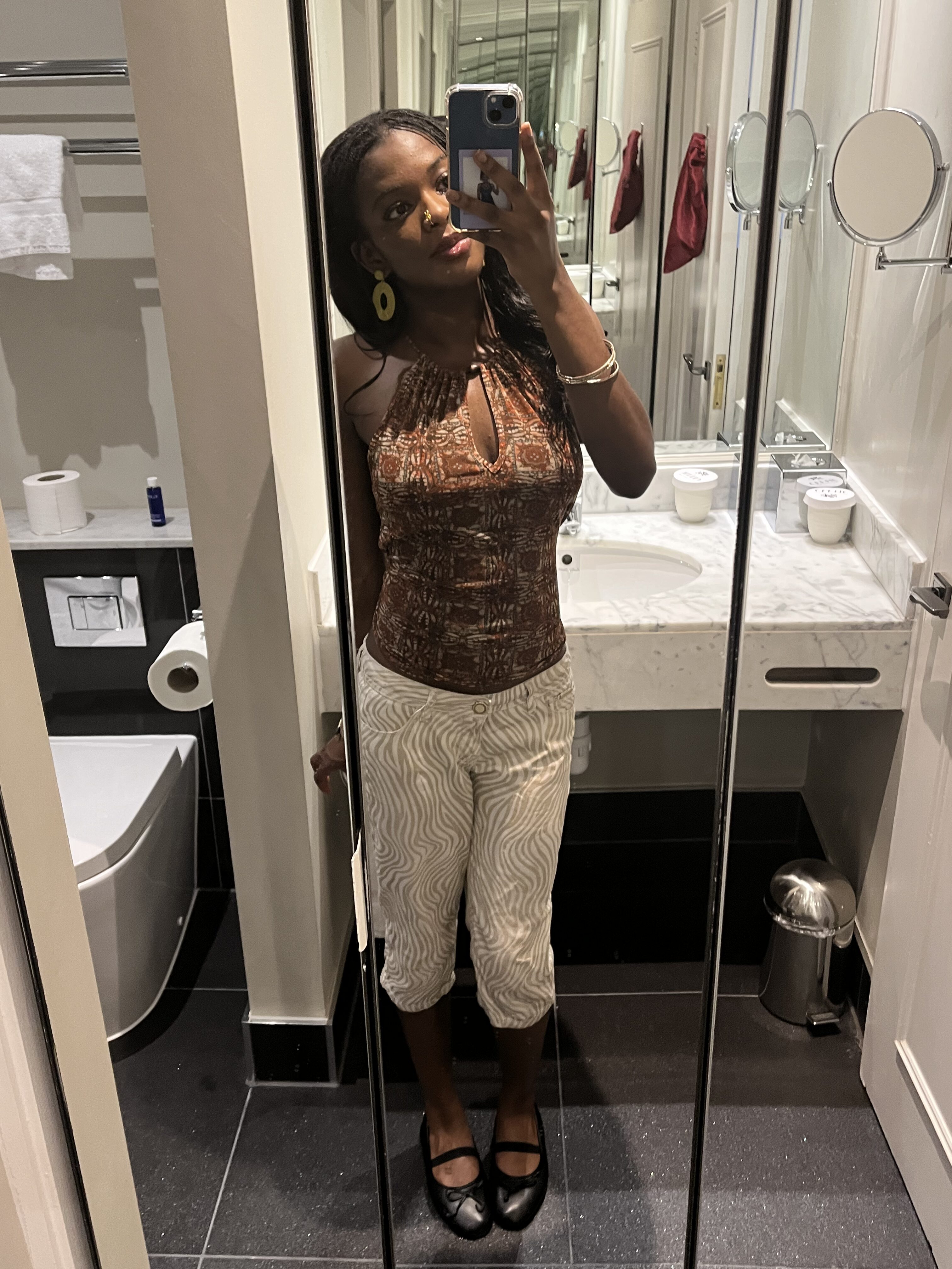 How to actually develop your personal style part 2 2K-inspired summer look featuring white capris, ballerina flats, and a patterned brown beaded halter top