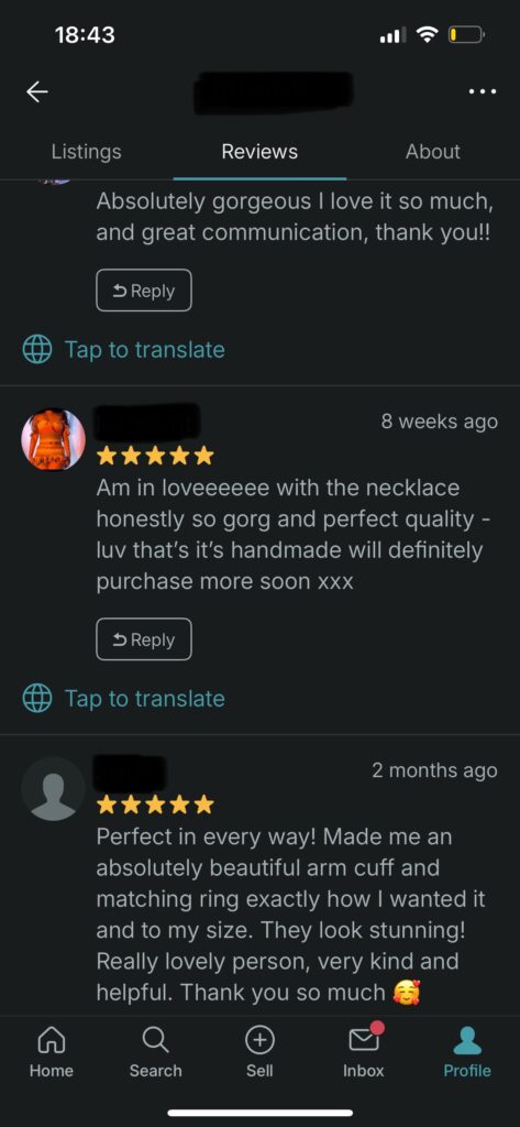 Positive Vinted customer reviews praising handmade jewellery quality, craftsmanship, and fast delivery from small independent jewellery brand